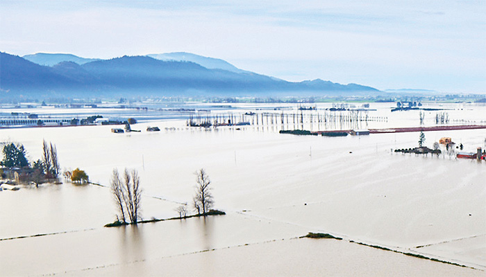 Aerial photo of brownish floodwaters covering land in Abbotsford, with a mountain in the distance.