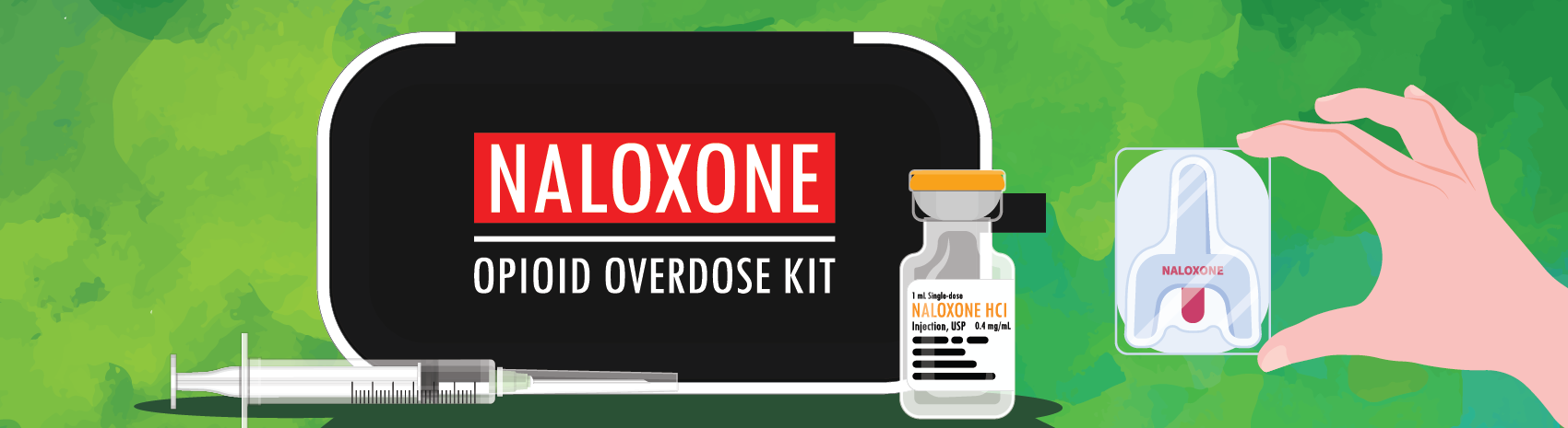 An illustration with naloxone kit and a hand holding a naloxone nasal spray.